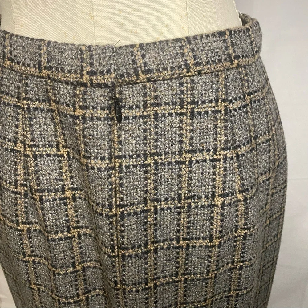 Pendleton Grey Wool Plaid Tan Black Grid Knee Length Midi Skirt size 12
